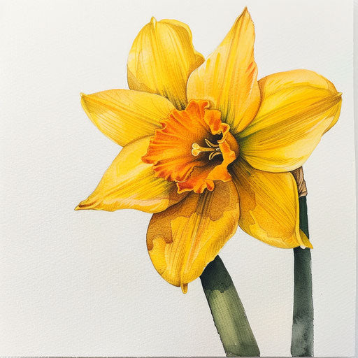 Watercolor painting of a vibrant yellow narcissus flower on a pure white canvas