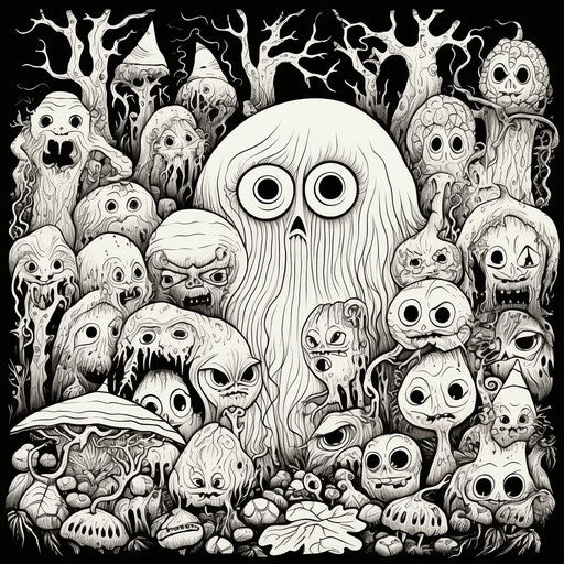 Top pick Halloween coloring pages, in the style of expressionistic emotiveness, lovecraftian, john bauer, thick texture, whimsical cartoon, emotive faces