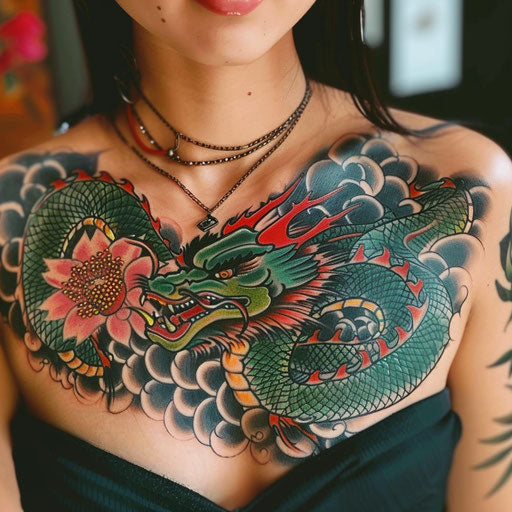 Vibrant chest tattoo for women inspired by Japanese art