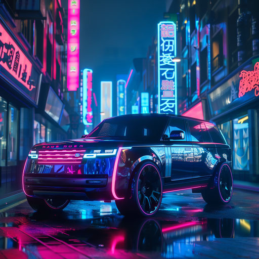 Futuristic electric vehicle in neon-lit urban landscape