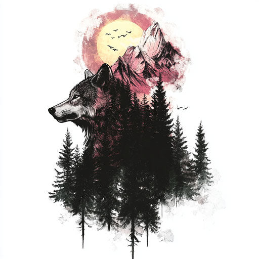 Stylized alpha tattoo of a wolf merging with a forest