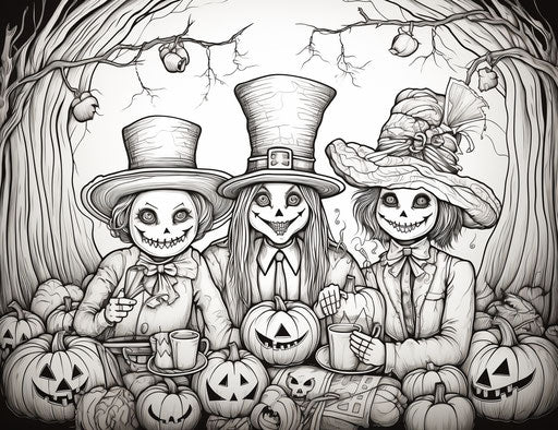 Three people drinking cider with pumpkin coloring pages, in the style of hellish background, whimsical ceramics, Ilford Pan F, evocative 31:24