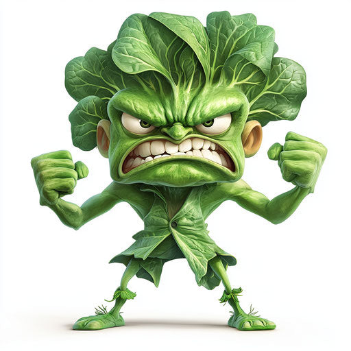 Humorous caricature of a spinach caricature with human characteristics