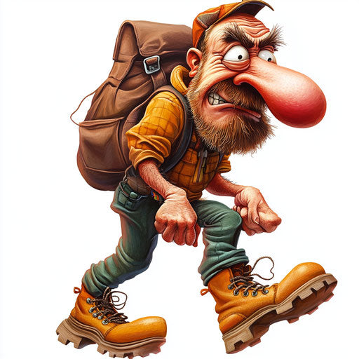 Humorous caricature of a boots caricature clipart with human characteristics, exaggerated large nose, expressive hands, carrying a bag, vibrant colors, cartoon style, frowning, high-resolution, no background, isolated -c 40