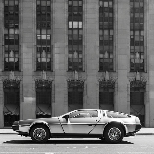 Sleek 80s car in front of an art deco building