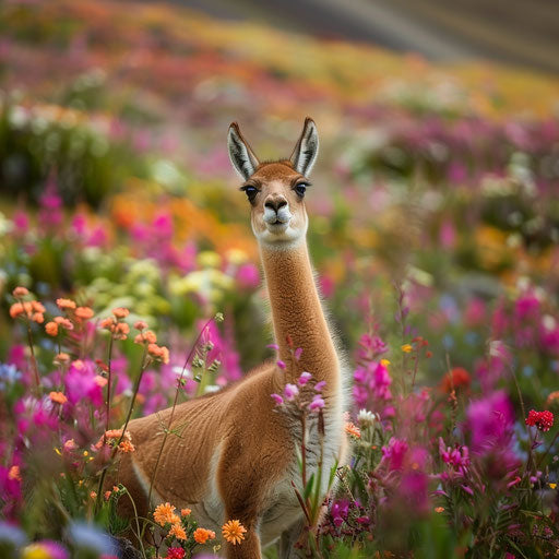Vicuña among vibrant wildflowers in the highlands