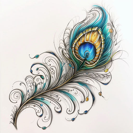 Surreal peacock feather tattoo sketch blending dreamscapes and fantasy elements