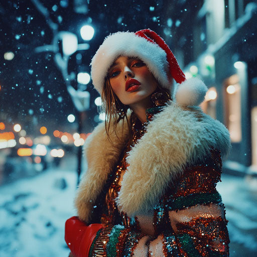 Snowy night street scene with model in stylish winter outfit and Santa hat, playfully posing