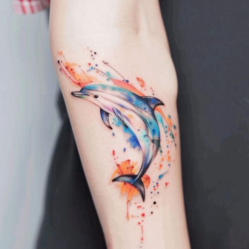 A dolphin tattoo in surrealistic style on white background