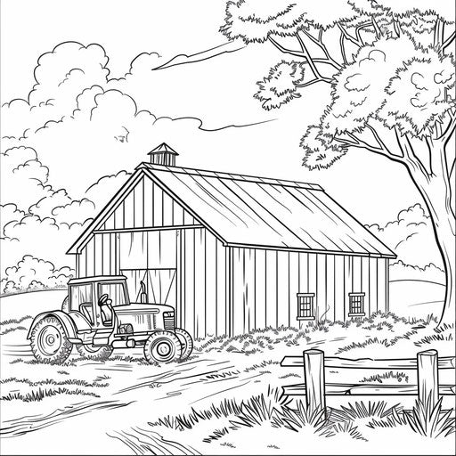 Farm with tractor, coloring page