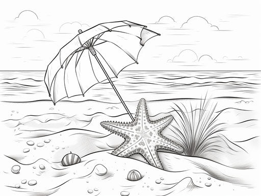 Coloring pages of an umbrella, toy, and starfish, animated gifs style, dusty piles, ink drawing 4:3