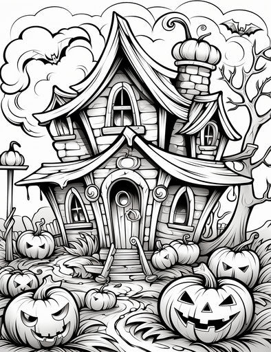Halloween coloring pages with house and pumpkins