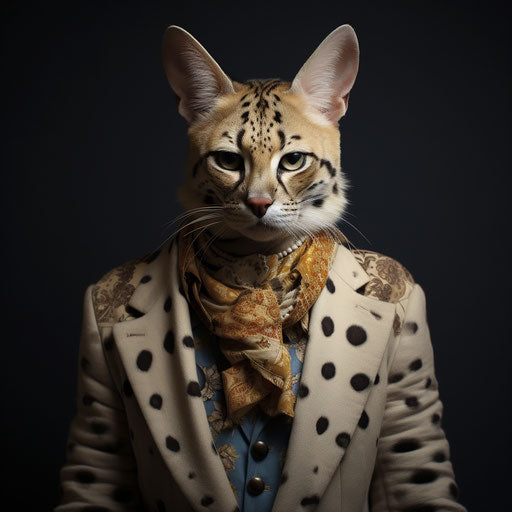 A serval cat dressed as a man
