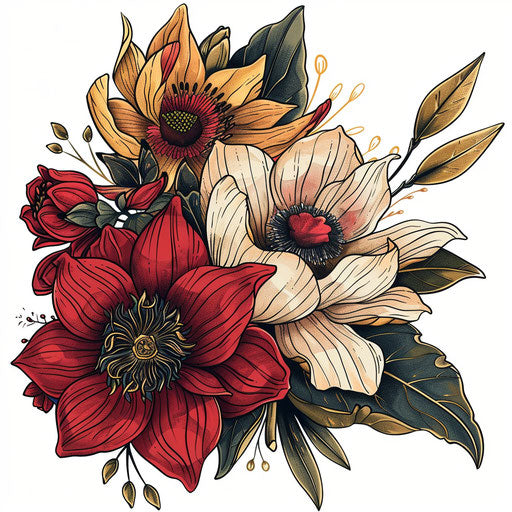 Flat tattoo sketch of exotic flower bouquet in red and gold