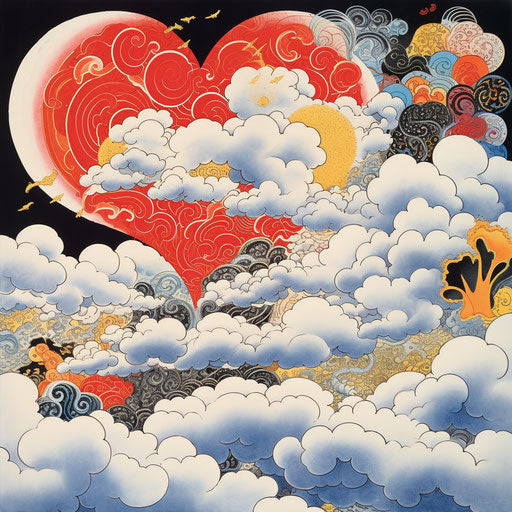 Japanese clouds and red hearts with gold rim on white