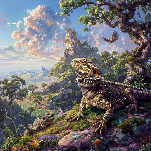 A bearded dragon on a journey through a fantasy landscape
