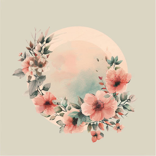 Round logo with a floral wreath on a soft pastel background