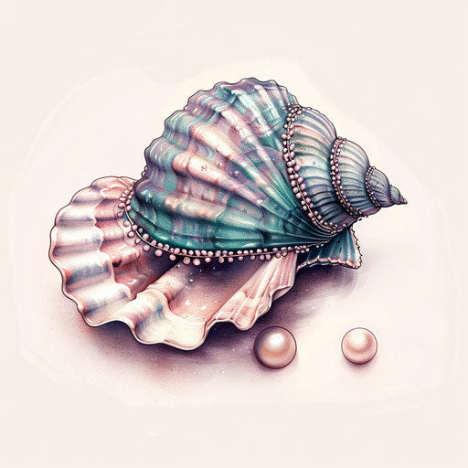 Seashell and pearl tattoo in soft pastel on white canvas