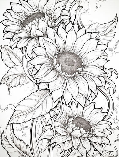 Sunflowers and flowers at coloring page for adults