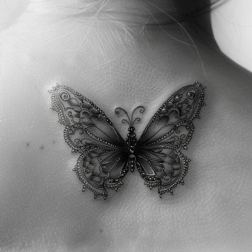 3D butterfly tattoo with lace pattern in black and white