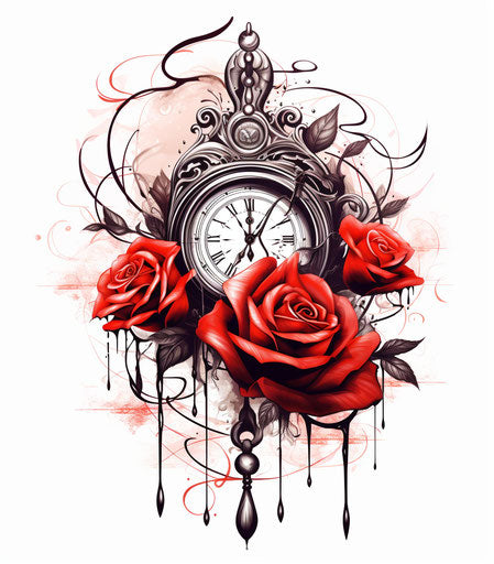 Roses with pocket watch on white background, gothic style illustration