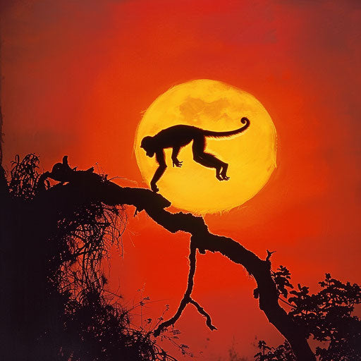 Spider monkey leaping between trees at vibrant sunset
