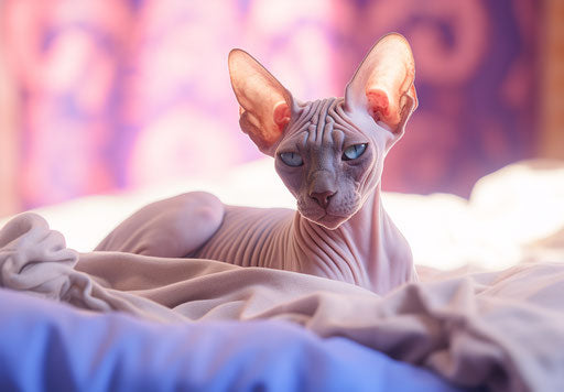 A feline sphynx lying on a bed, explosive pigment style