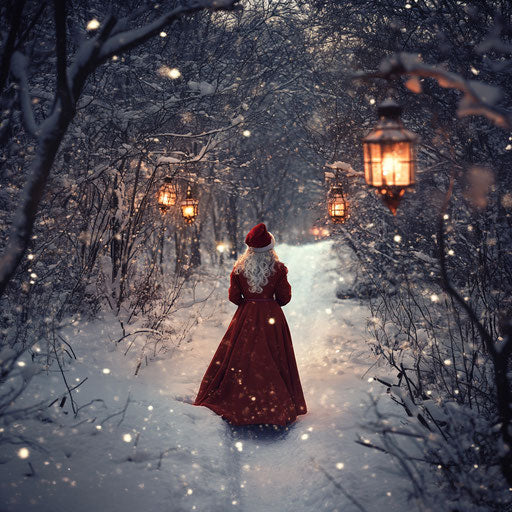 Snowy evening walk of Mrs. Claus under stars and lanterns