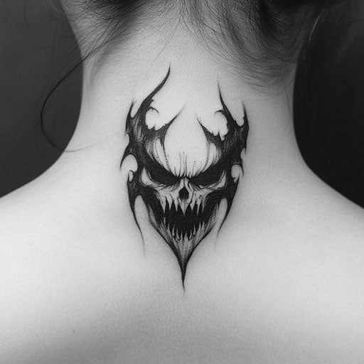 Small neck tattoos in the style of Adrian Smith with a demon face hidden in shadows
