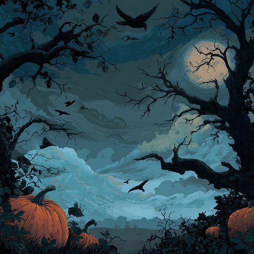 Dark Night Landscape with Flying Crows