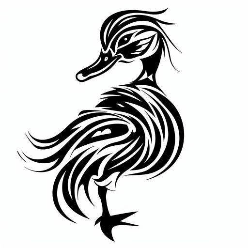 Tribal duck tattoo design black lines curves white background