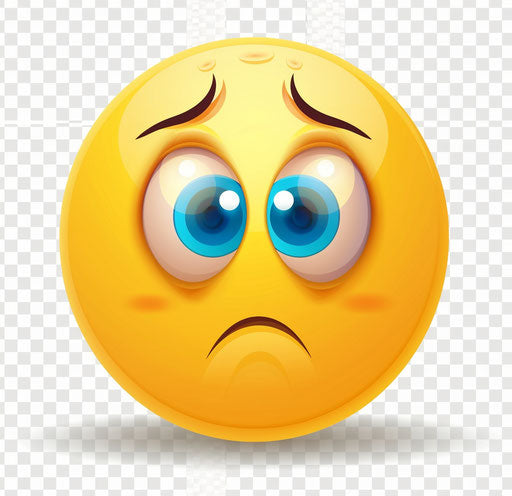 Sad emoji, yellow circle with two blue eyes, transparent background 28:27
