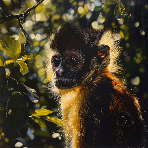 Spider monkey in dappled sunlight through trees