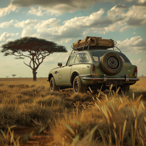 Exploring the African savannah in a 1966 Volvo P1800 safari
