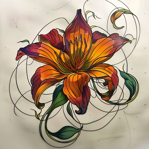 Sketch of stained glass style tattoo of a red spider lily