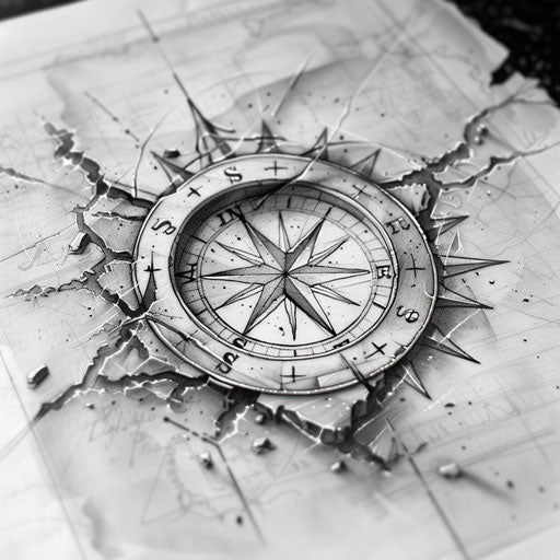 Hyper-realistic tattoo sketch of a compass rose in grayscale