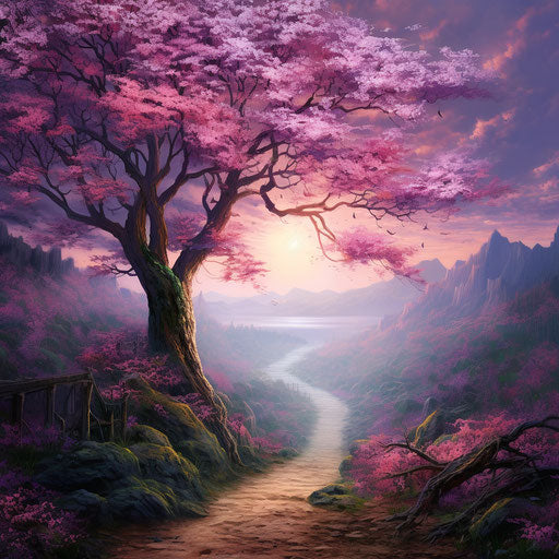 Tree with pink flowers in the countryside