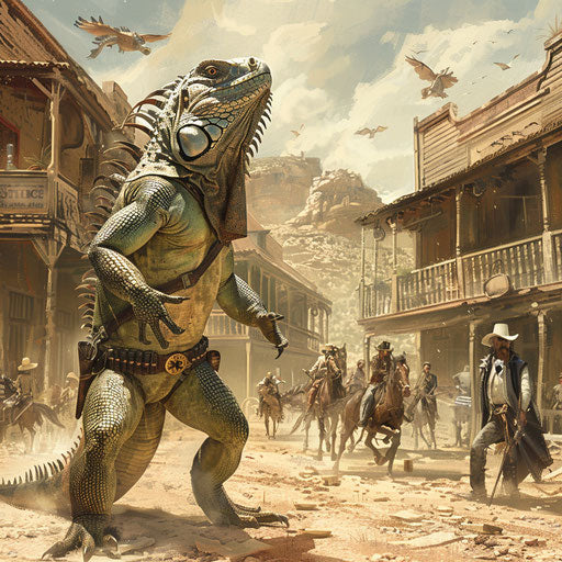 Iguana sheriff faces off outlaws in dusty town