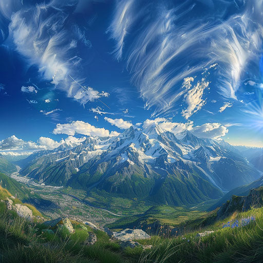 Snow-capped peak panorama of Mont Blanc under a brilliant blue sky