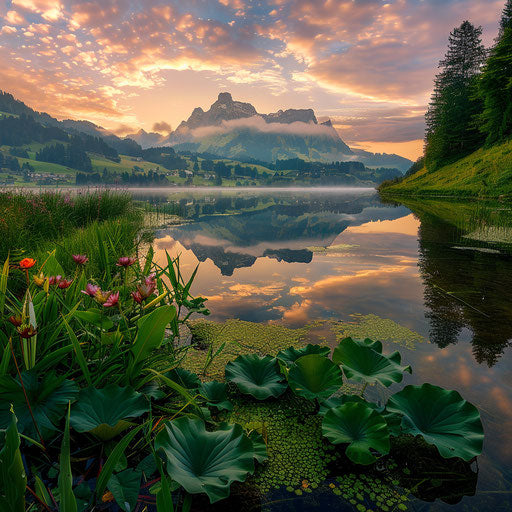 Serene alpine lake reflecting Mount Rigi's majesty at dawn