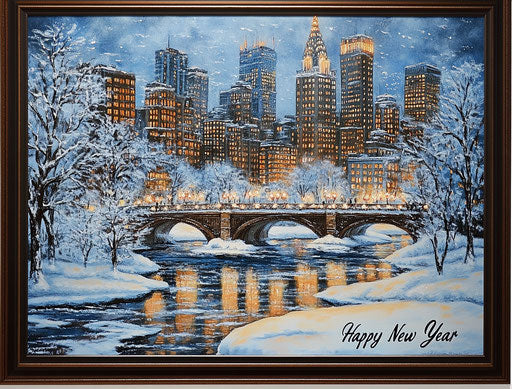Winter cityscape of New York with tall buildings and bridges over water