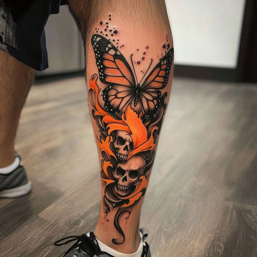 Butterfly tattoo men on the calf with flames and skulls