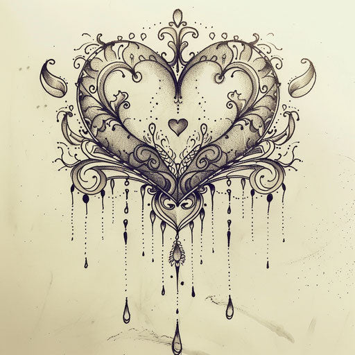Elegant flat tattoo sketch of a crying heart adorned with delicate lace patterns