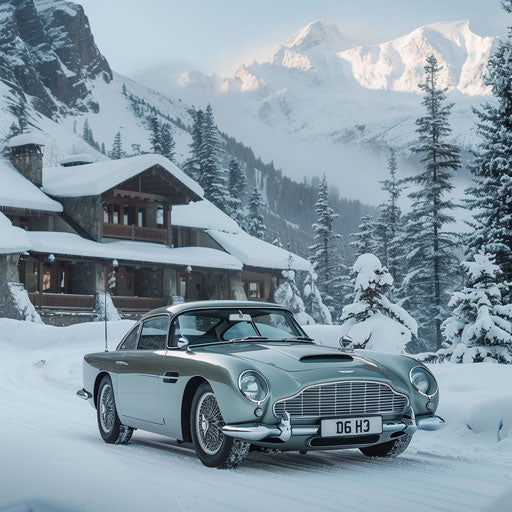 Mountain climber edition of the Aston Martin DB6 near snowy mountain lodge