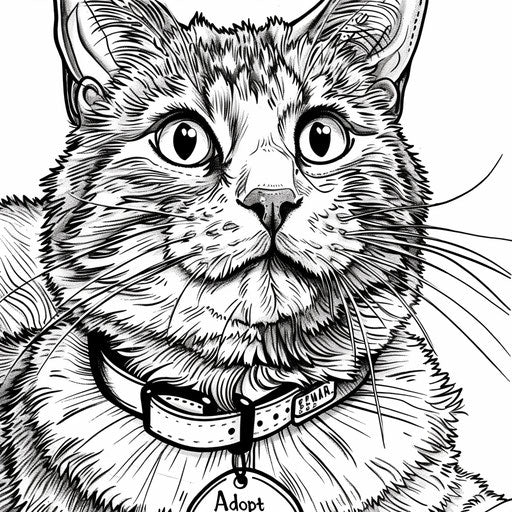 A cat with an 'Adopt Me' tag on its collar. Coloring book page