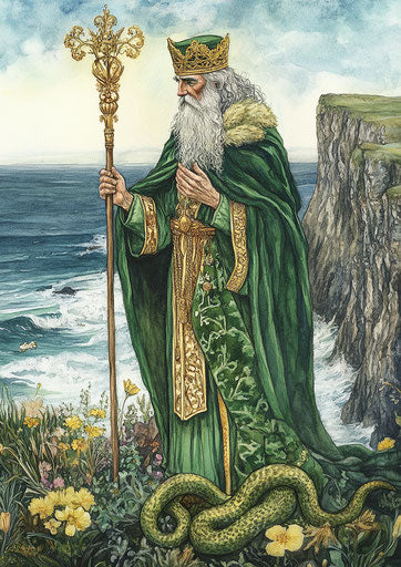 Irish saint on cliff with snake by ocean