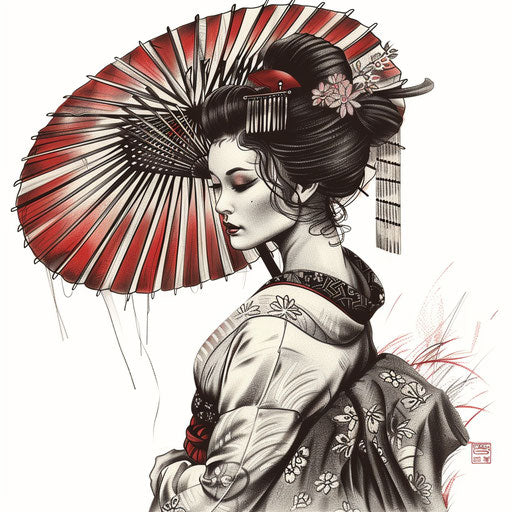 Traditional Ukiyo-e style geisha tattoo, intricate details and classic colors on white background
