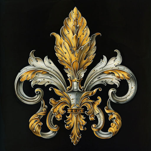 Baroque tattoo sketch of a fleur de lis with intricate gold filigree on black background