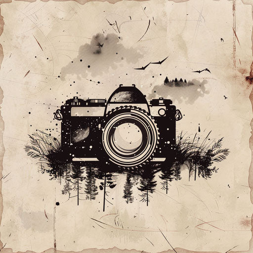 Hand-drawn photography logo with rustic background and artistic elements
