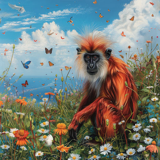 Zanzibar red colobus in a field of wildflowers